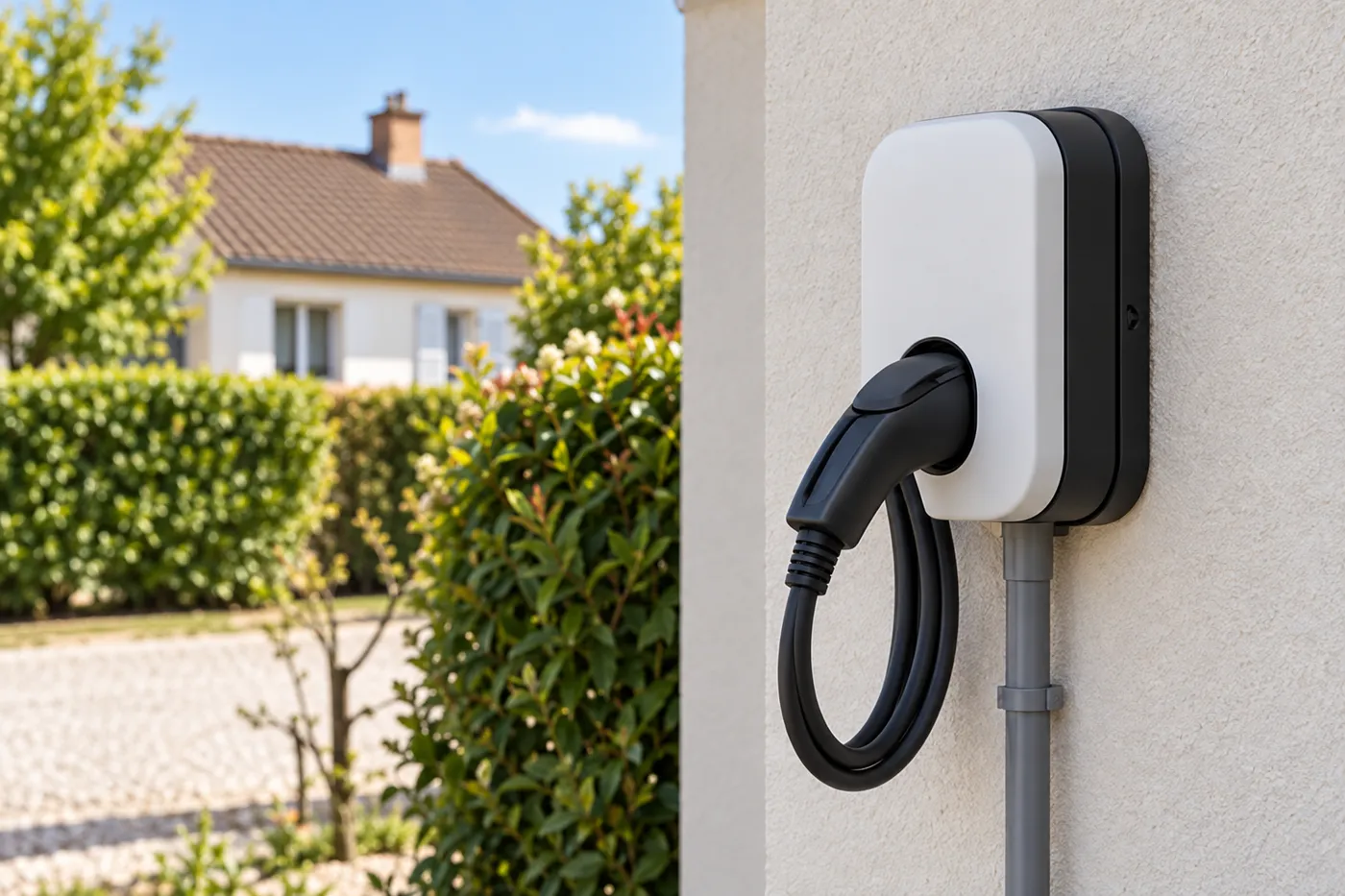 Borne de recharge murale fixée sur la façade d'un pavillon, câble Type 2 enroulé sur son support