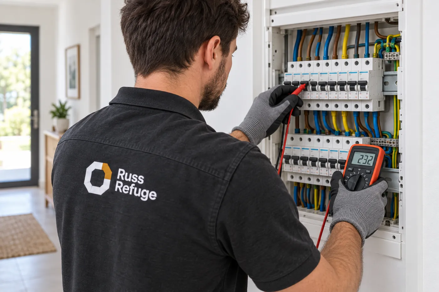 Électricien en polo Russ Refuge mesurant au multimètre un disjoncteur dans un tableau électrique
