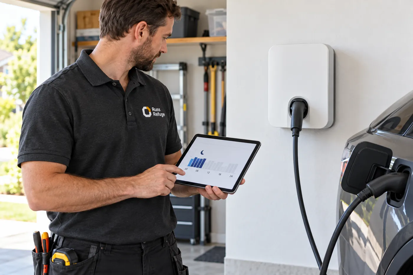 Électricien Russ Refuge réglant sur tablette la recharge en heures creuses d'une wallbox dans un garage